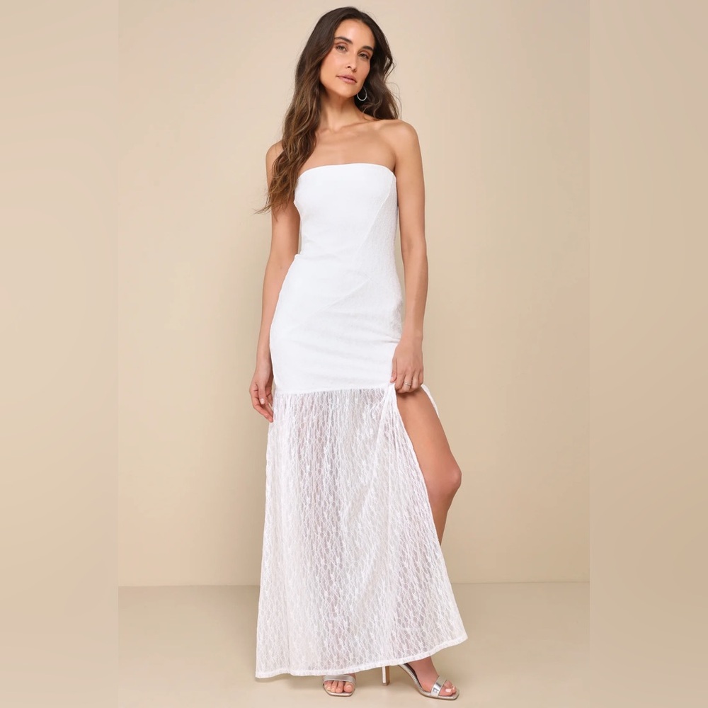 Dreamy Sunsets Ivory Lace Strapless Midi Dress